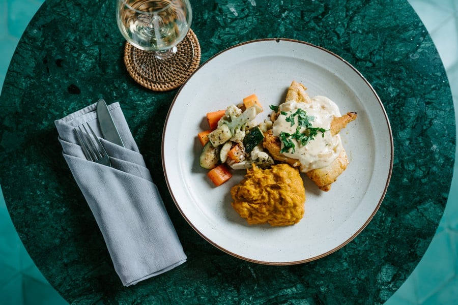 Chicken Pumpkin Puree Veggies GF Dinner Restaurant