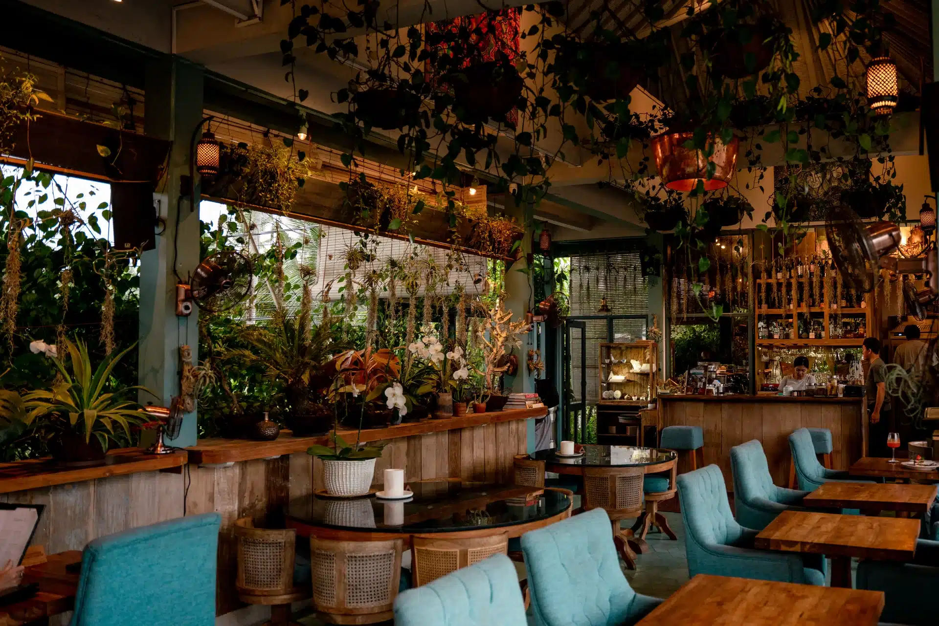 Muse garden bar with hanging plants, wooden tables and teal chairs