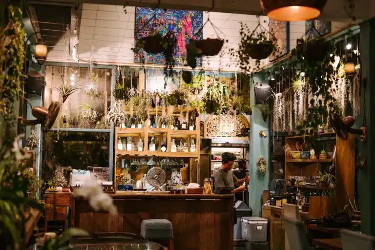 The bar at Muse Café & Art in Ubud, with plant-filled shelves, copper lamps and a colourful painting