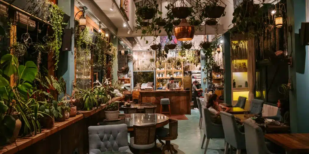 Muse's rooftop garden lounge with hanging plants, teal seating, wooden tables and a warmly lit bar